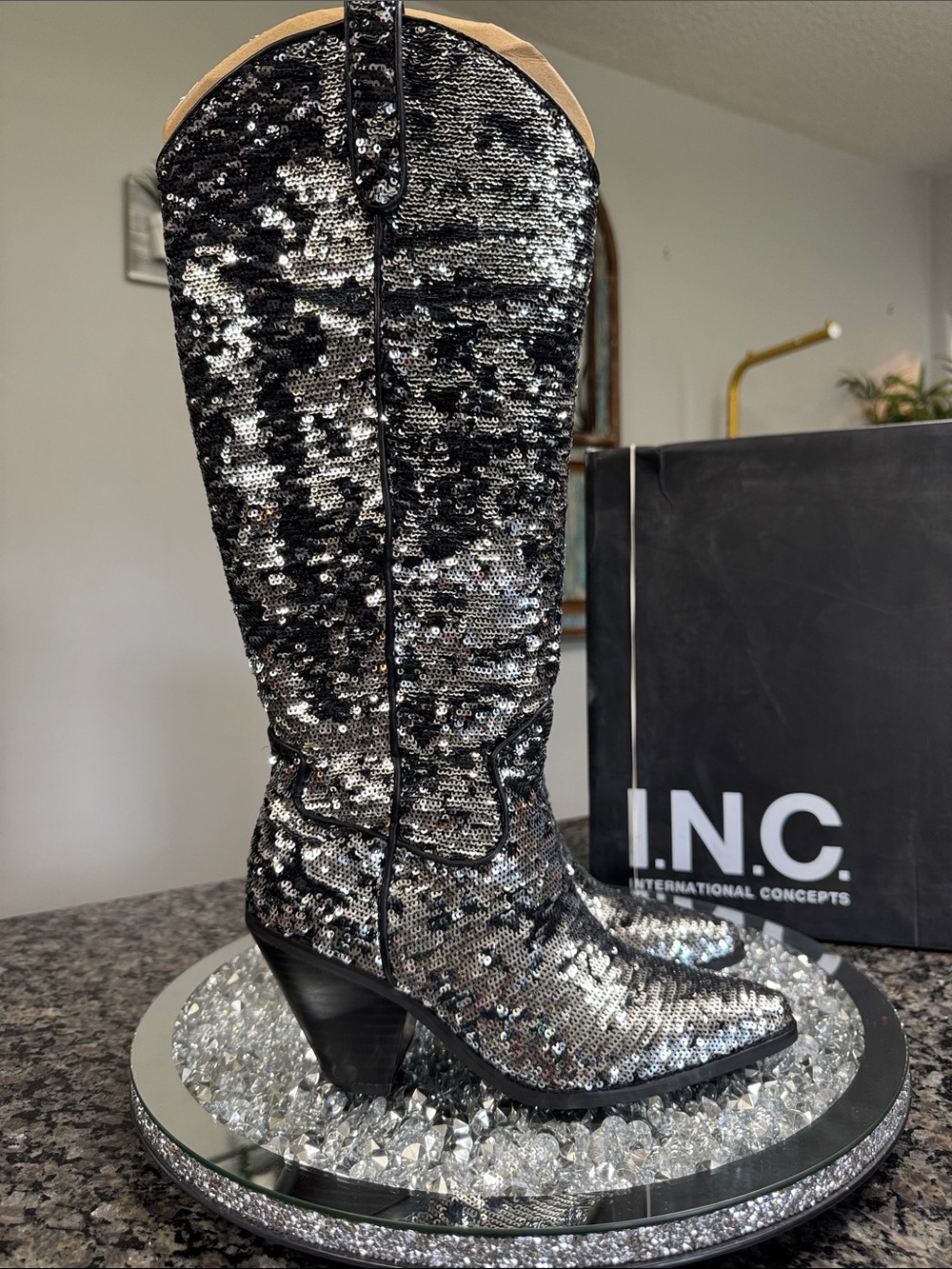 INC International Concepts Black & Silver Sequin Knee-High Heeled Boots NEW 7
